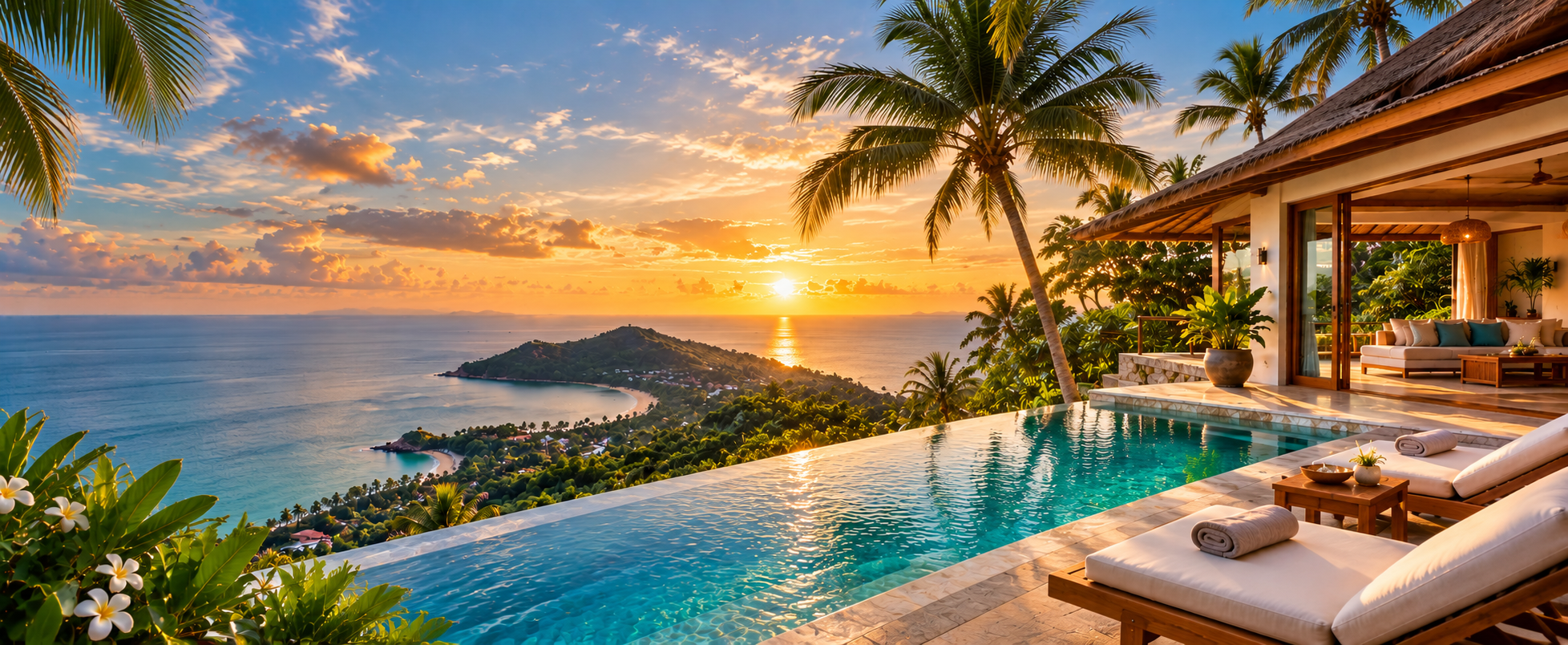 Luxus tengerparti villa végtelenített medencével Koh Samui szigetén naplementekor